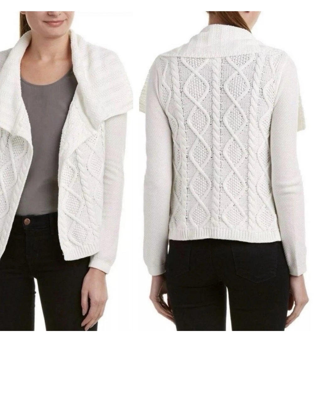 CAbi Cable Knit Fisherman Cardigan Sweater Womens MEDIUM Open Front White